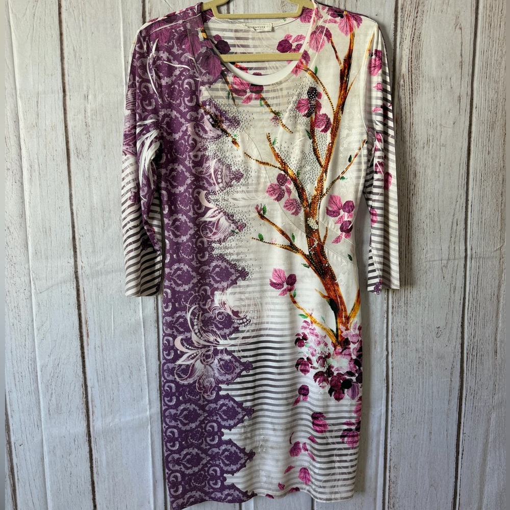 S-TWELVE Floral Mixed Print 3/4 Sleeve Rhinestone Embellished Sheath Dress M